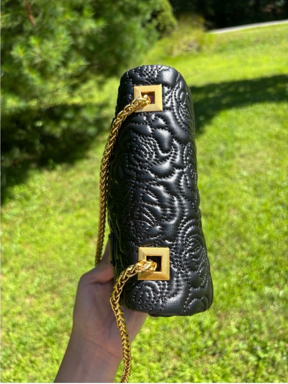 Sharif Black Quilted Heart Lock Chain Crossbody Bag with box - Picture 9 of 13